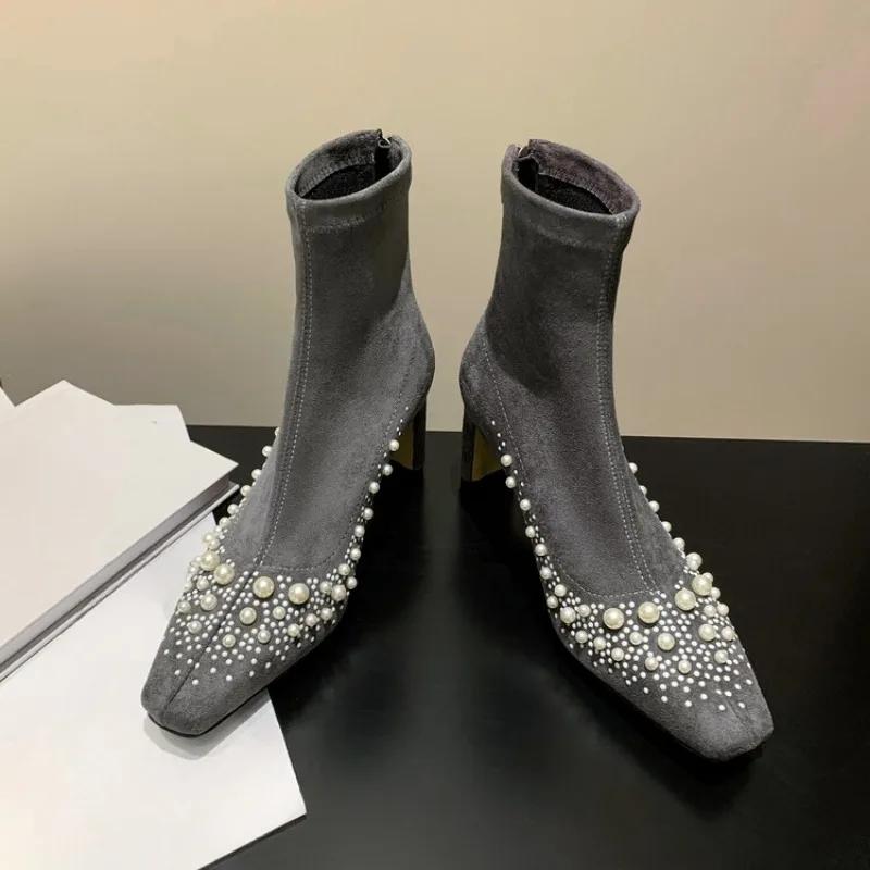 Fashion New Cowhide/suede 6.5cm High Heel Elastic Slimming Boots Autumn Winter Women Pearl/Rivet Style Fashion Ankle Boots Size 34-42