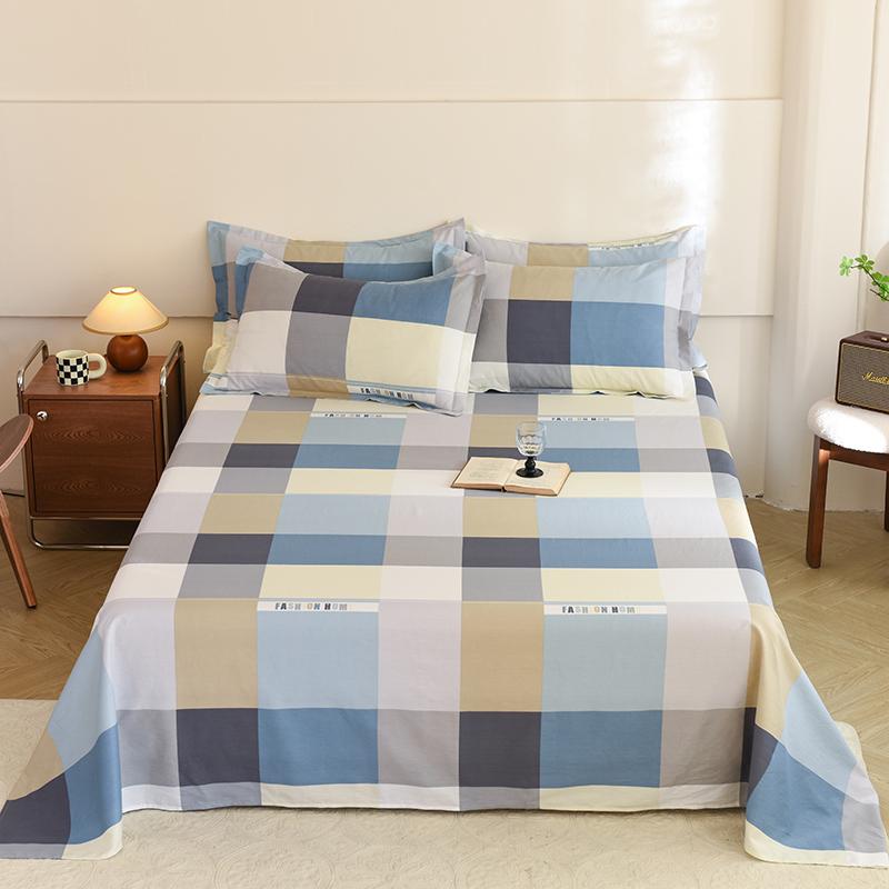 Geometric Grid Pattern Bed Sheet Set 3Pcs 100% Cotton Queen Size Bedding Set Skin-friendly Soft Bed Sheets with Pillowcases