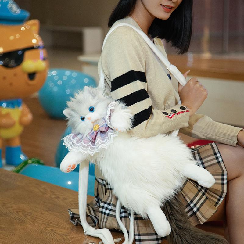 1Pc Cute Simulated Cat Designer Backpack Women Kawaii Soft Plush Trendy Backpack Purse for Woman School Bag Gift for Girls