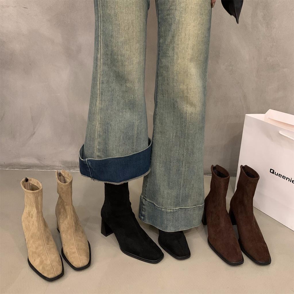 Retro suede short boots women's 2025 new autumn and winter foreign versatile and thin rear zipper square head thick heel Martin boots