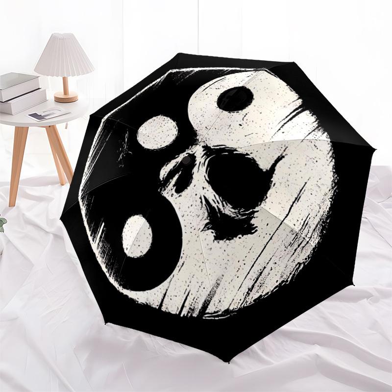 1pc YinYang Skull Automatic Folding Umbrella - Windproof Compact Travel Umbrella with Auto Open/Close, 8-Rib Heavy-Duty Shaft for Women/Men A059