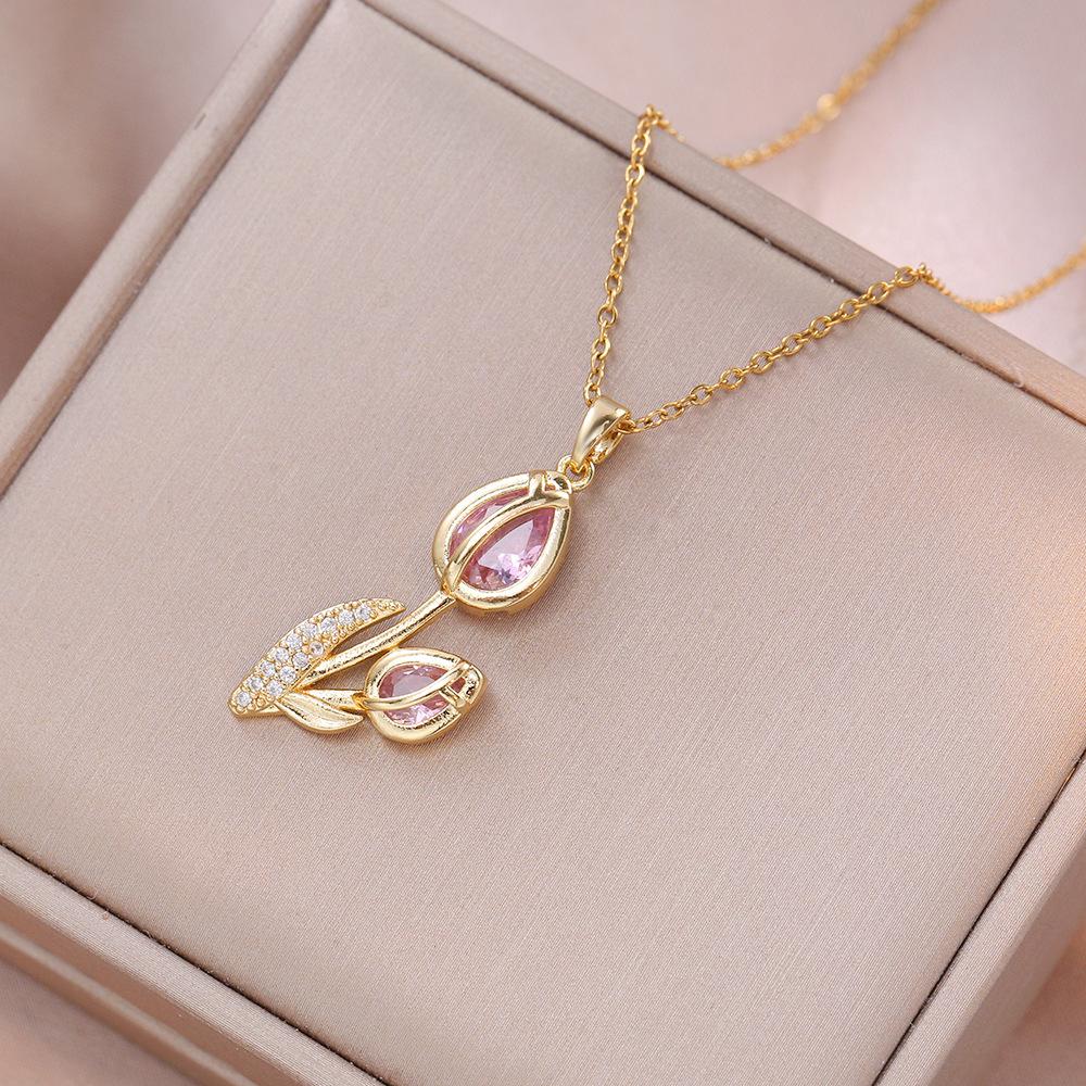  European American New Tulip Zircon Necklace High-end Real Gold Electroplating Niche Design Versatile Women Jewelry Gift
