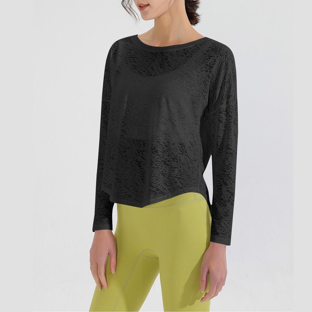 Women's  Long Sleeve Shirt Loose Satin Top Embossed Lace R-neck Silk Lined Top