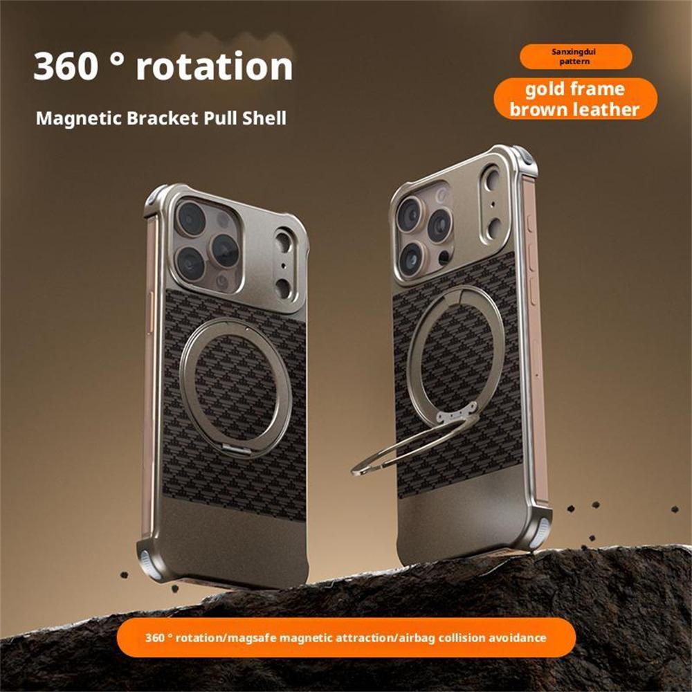 For iPhone 15 Pro Max Magnetic Case Borderless Textured PU + Metal Kickstand Phone Cover