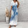Women Plus Size V Neck Short Sleeve Abstract Printed Blue Beige White Long Maxi Dress