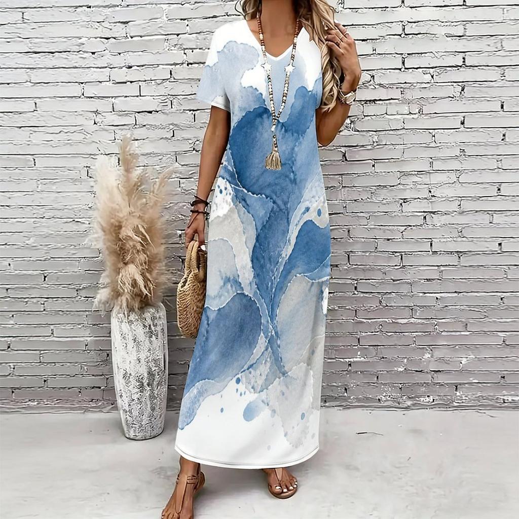 Women Plus Size V Neck Short Sleeve Abstract Printed Blue Beige White Long Maxi Dress