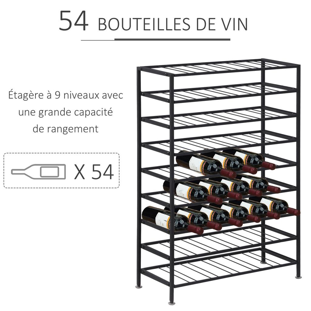 Wine Rack Bottle Rack Bottle Storage Capacity 54 Bottles Dim. 63L x 25W x 91H cm Black Metal