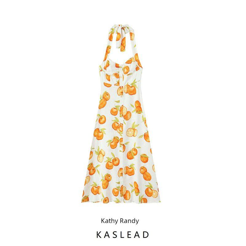 Kaslead New Women Clothes Western Style Fashion Simple Halter Print Dress 4387223