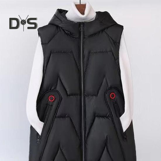 Women Winter Waistcoat Hooded Thick Sleeveless Glossy Surface Padded with Pockets Zipper Closure Mid Length Outdoor Coat
