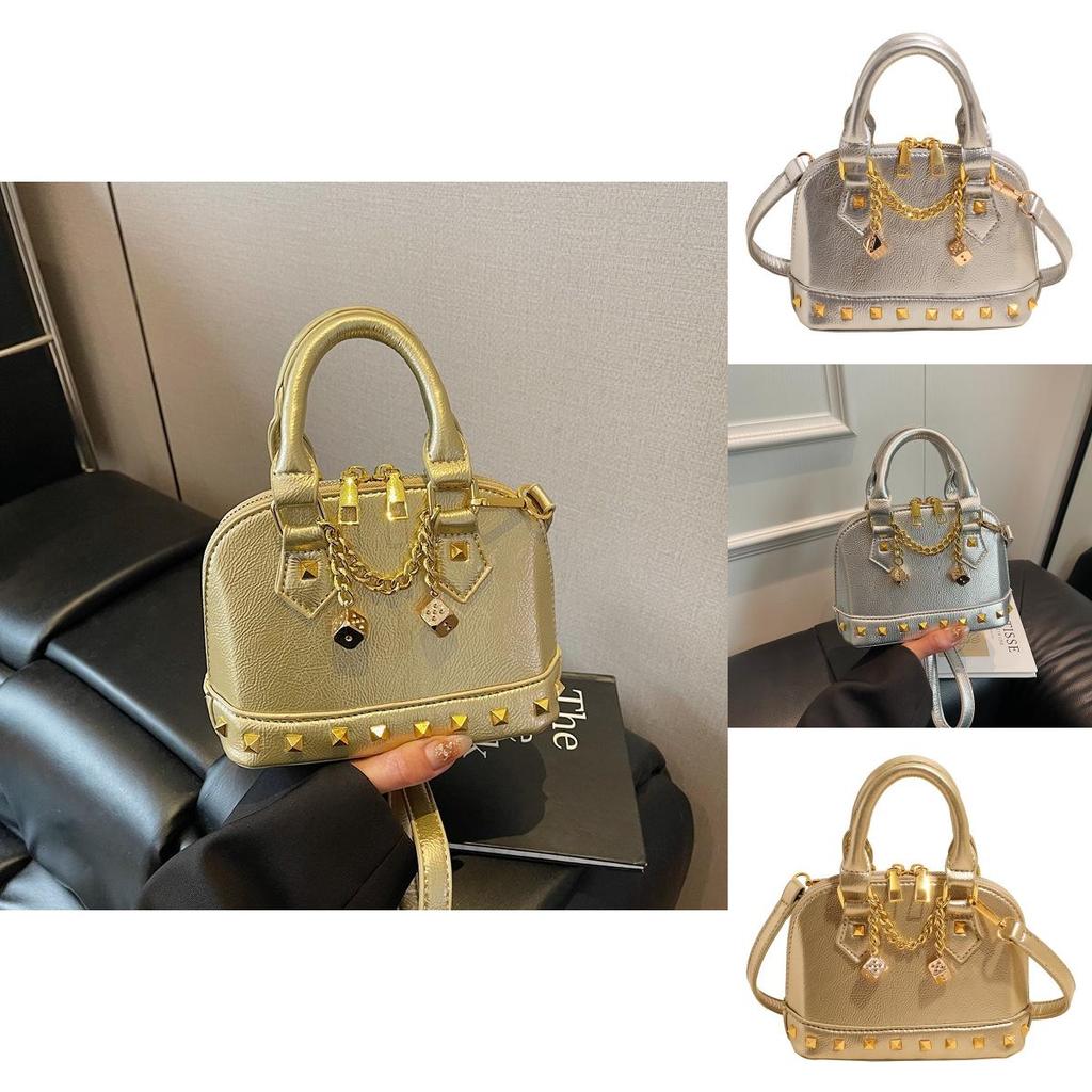 Minimalist Shell Handbag For Women Pu Leather With Metal Rivets Casual Crossbody For Spring Outfits