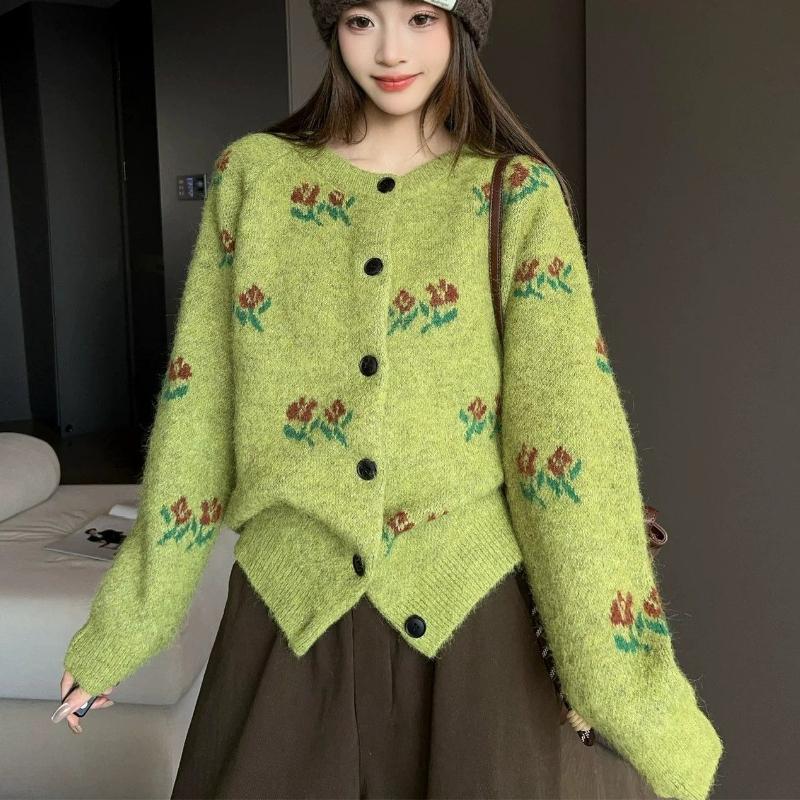 Blumendekoration Damenpullover Rundhalsausschnitt Einfarbig Langärmelig Cardigan Französischer Stil Herbst Neue Version Süßes Damenoberteil