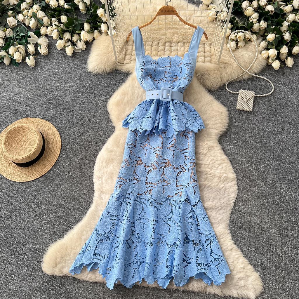 French Lace Suspender Dress, Women's Waist A-shaped Skirt, Socialite Style Medium and Long Skirt, Summer New Dress Skirt