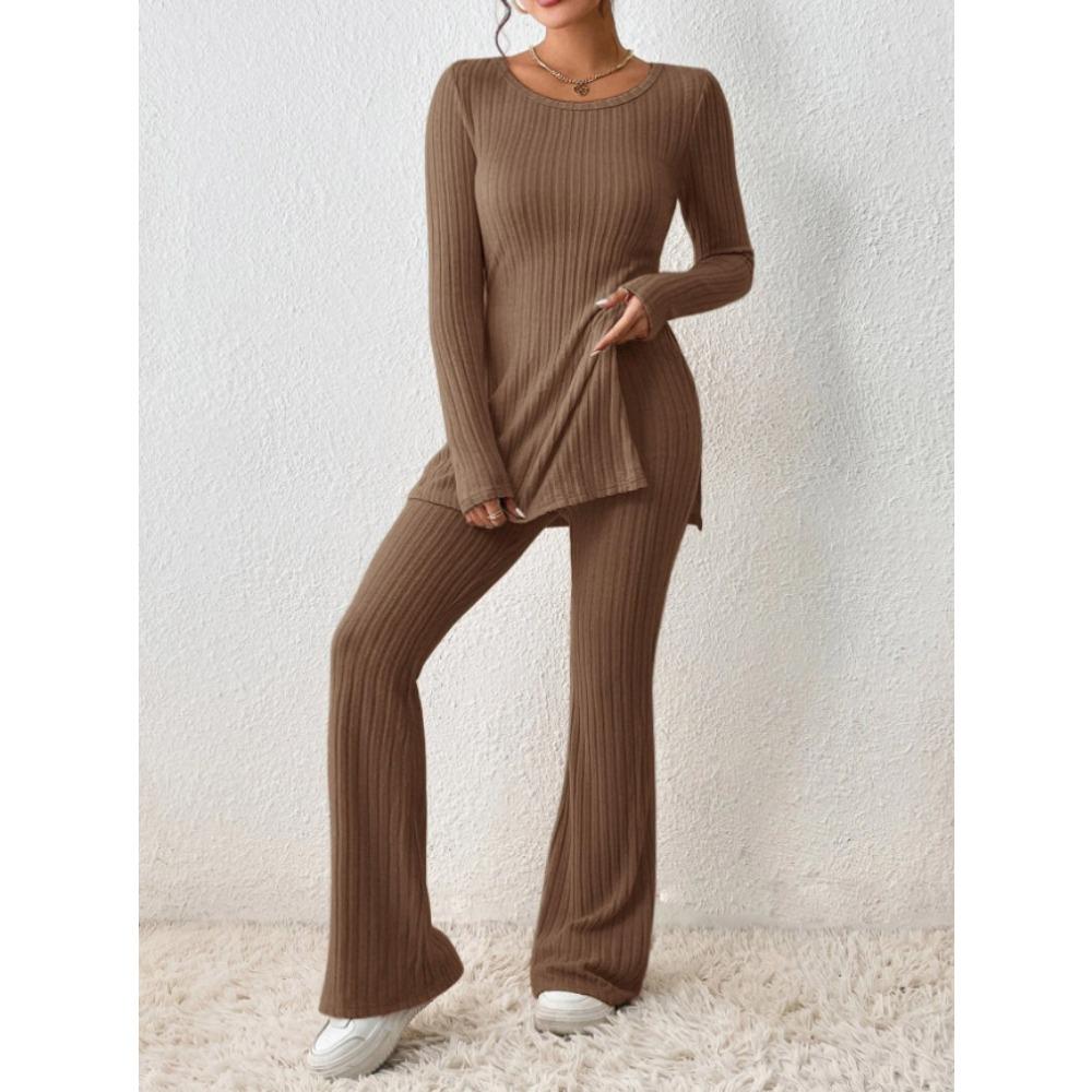 Women's Loose Fit Two-piece Suit Long Sleeve Knit Top High Waist Flare Pants Solid Ribbed Loungewear Matching Set