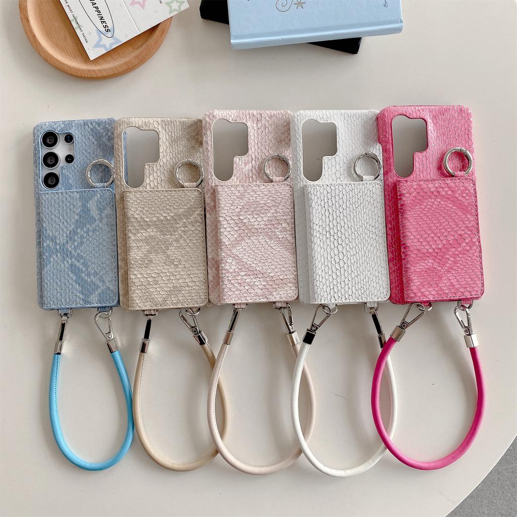 For Samsung Galaxy S24 Ultra Case Card Holder Mirror Snake Texture PU+PC Back Cover with Lanyard