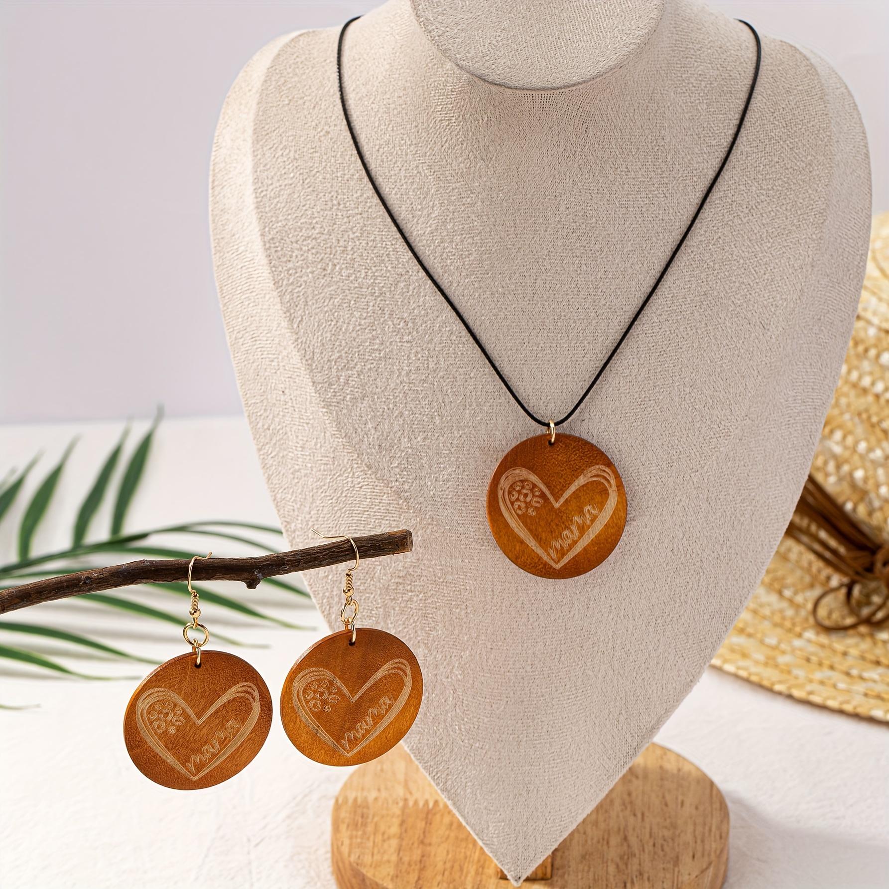 

Винтажный простой стиль Mama гравированный деревянный кулон ожерелье и серьги комплект