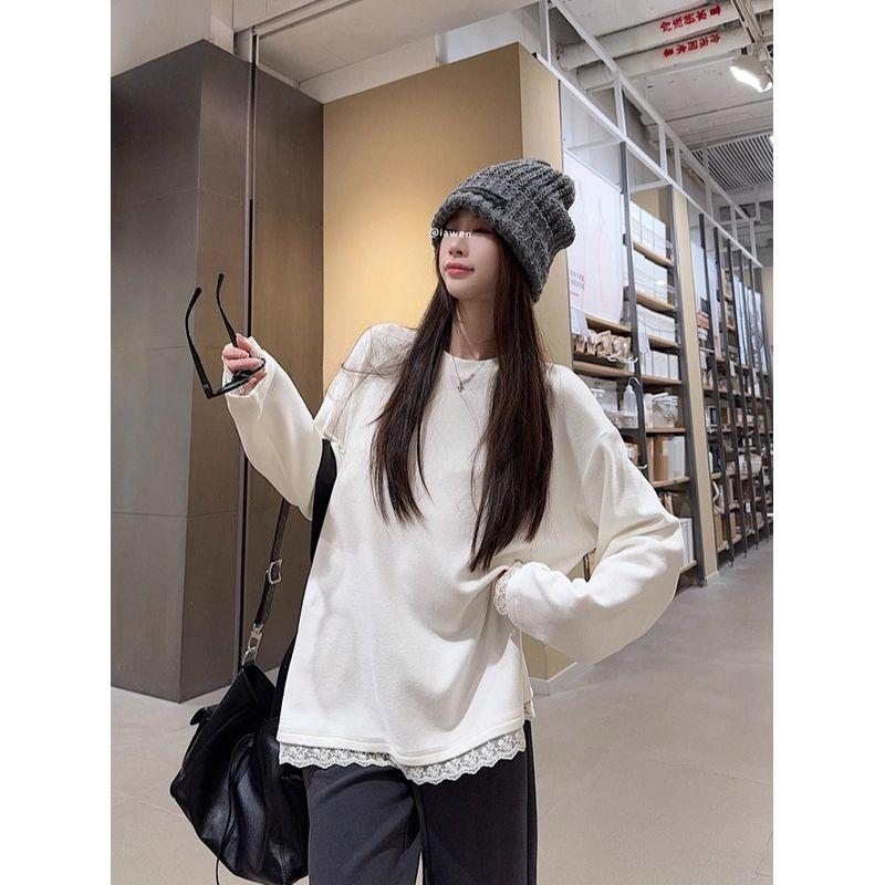 Kumikumi Idle Style White Lace Stitching Long Sleeve T-shirt Women Fall Easiest for Match Loose Slim-Fit Casual Shirt