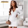 Fashion Spring Autumn Solid Color Print Long Sleeve V-Neck Casual Dresses