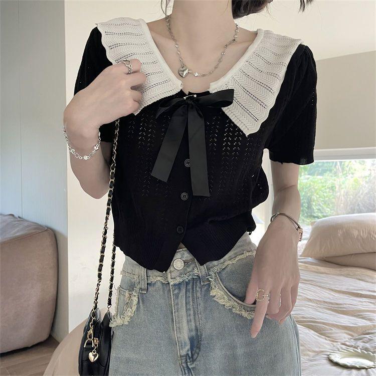 Doll Collar Hollowed-out Short-sleeved Knitted Cardigan for Women Sweet Scalloped Turnover Collar Short College-style Elegant Top In Summer