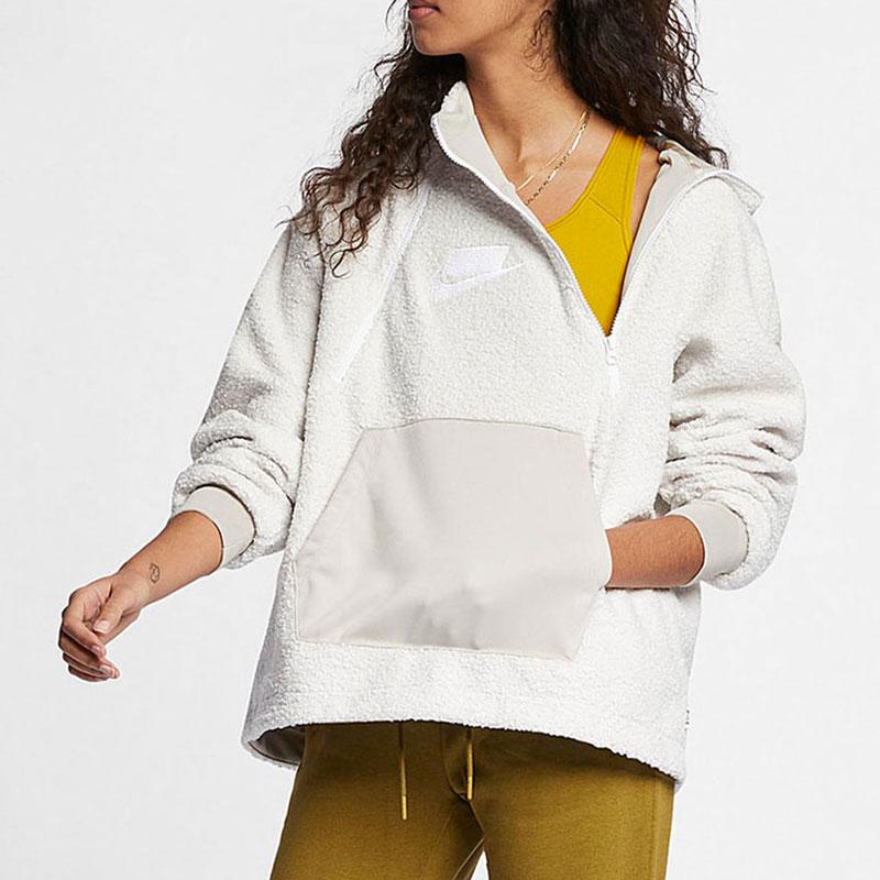 Nike Patchwork Sherpa Pullover Warm Fleece Hoodie Women Hoodies Silver-White AJ7285-031