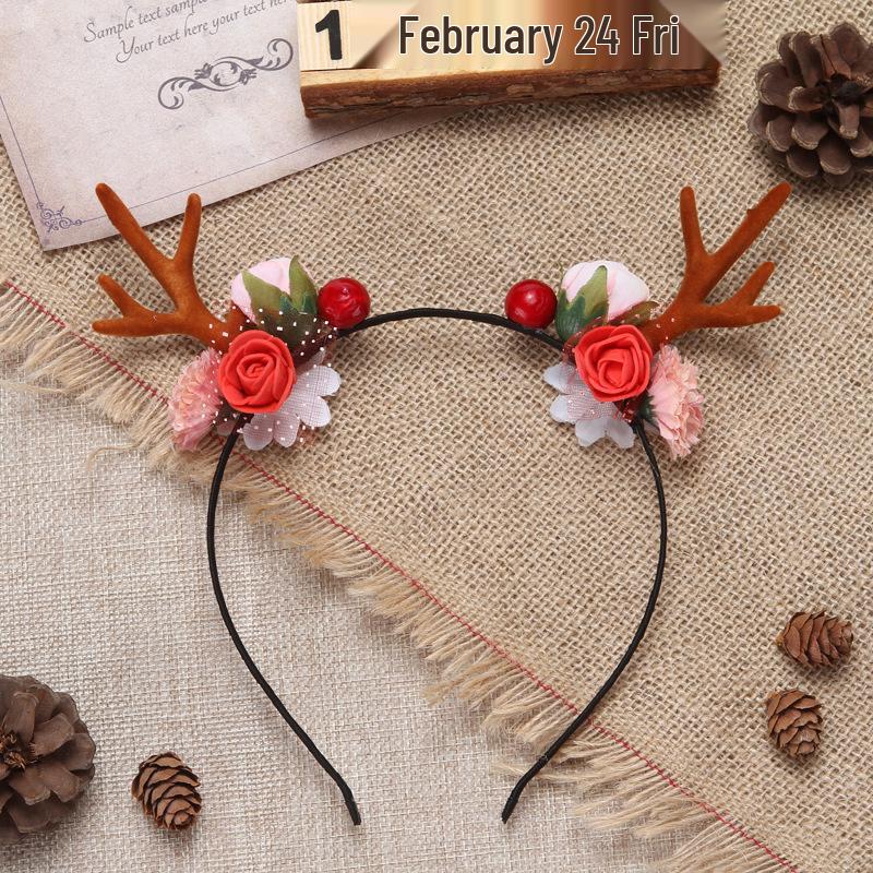 2025 Cute Mori Christmas Antler Headband with Flowers Reindeer Hair Accessory