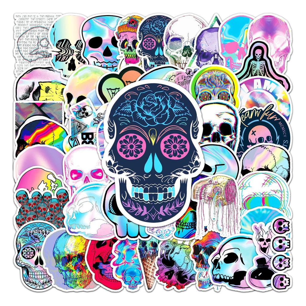 50 PCS Skull Holographic Graffiti Sticker - Metallic Laser Cool DIY Decals for Phone Notebook Helmet Skateboard Luggage, Waterproof Vinyl Stickers