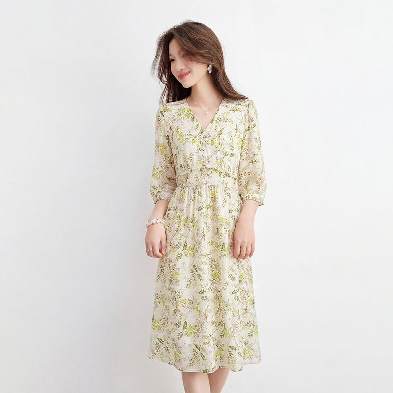 Srcr 92% Mulberry Silk French Chic Printed V-Neck Dress