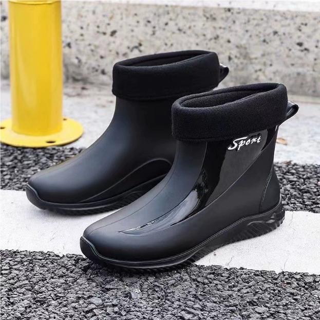 Winter Flat Fleece-lined Warm Waterproof Short Rain Boots for Men Outdoor Gum Adult Wear-resistant Fishing Fashion Pvc Man Shoes