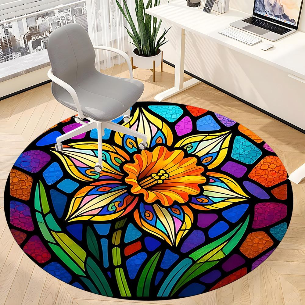 1pc Stained Glass Flower Office Round Area Rug, Indoor Mat Suitable ForOffice, Under Office Chairs Bedroom Living Room Home Decor, Room Deco  D054