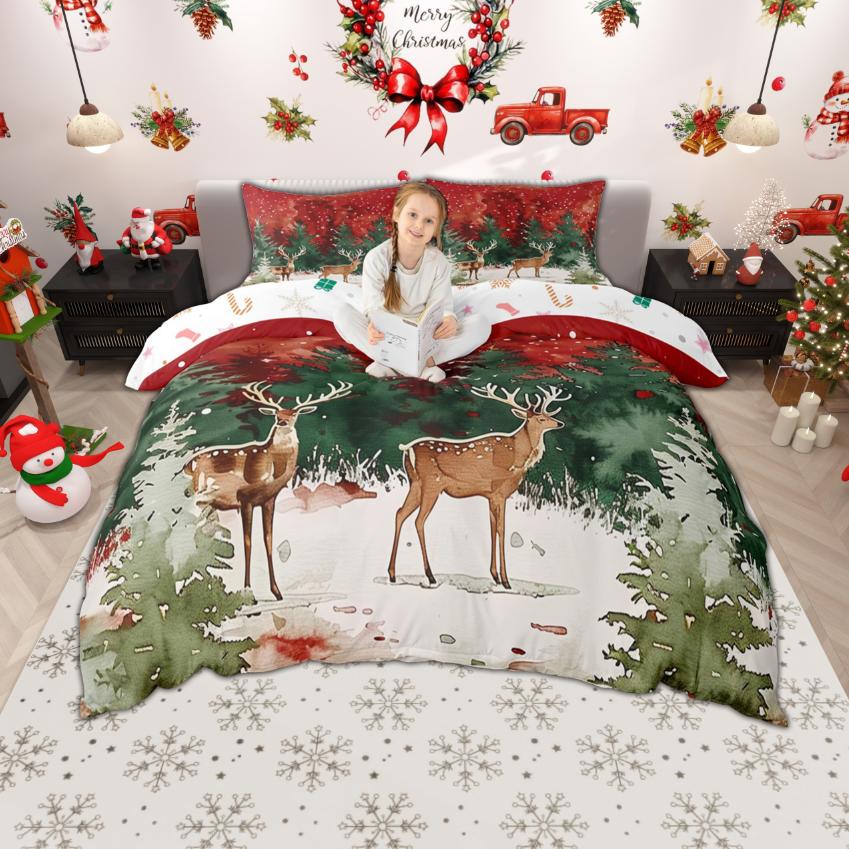 Homewish Kids Merry Christmas Duvet Cover Set Xmas Deer Santa Claus Bedding Set Gingerbread Snowman Quilt Cover Set