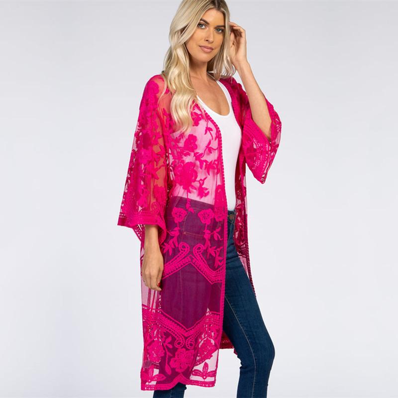 Summer New Lace Bikini Cover Up Sexy Sheer Mesh Embroidered Elegant Dress Casual Beach Cardigan Women Swimwear Cover Up Q894