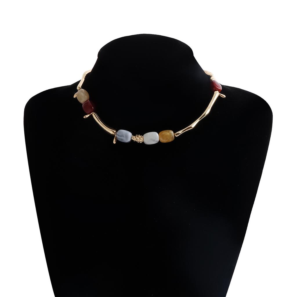 Vintage Bamboo Tube Metal Necklace Women Irregular Colorful Beaded Splicing Necklace Elegant Fashion Banquet Jewelry Accessories