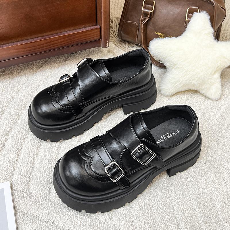 Spring New Fashion Metal Buckle Design Women's High Heels Thick-Soled Comfortable Loafers Retro Solid Color Casual Shoes