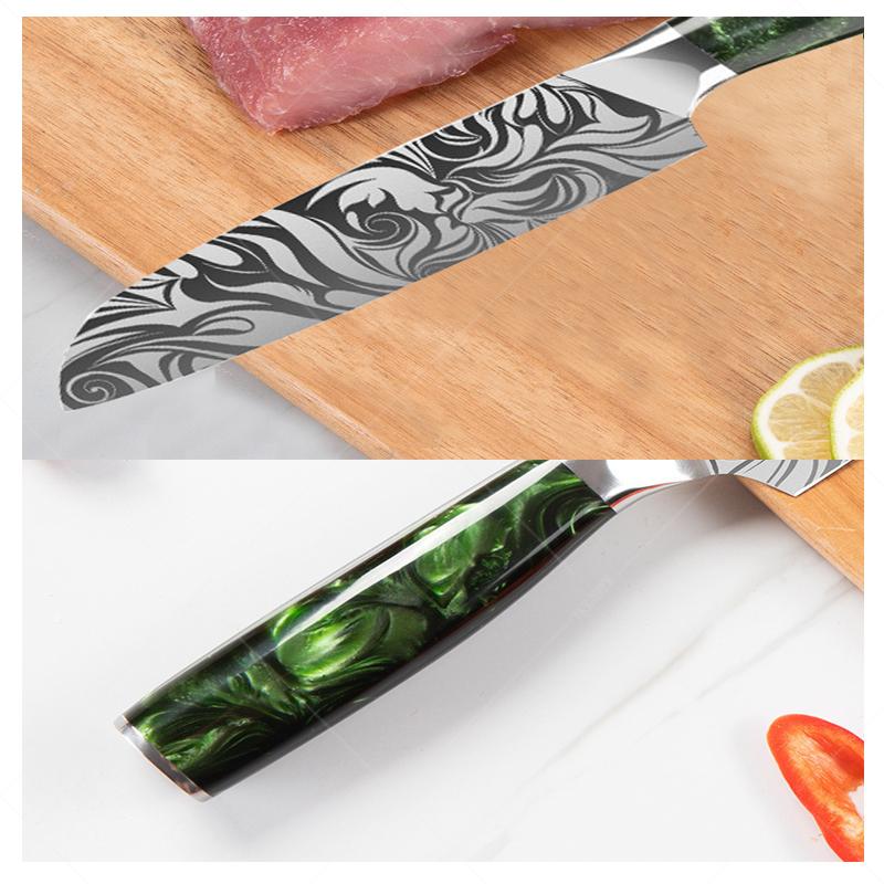 Stainless Steel Santok Knife Exquisite Laser Cut Meat Cutting Fruit and Vegetable Knife Green Resin Handle Household Kitchen Knife