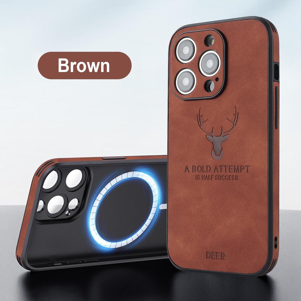 Magnetic Leather Phone Case for iPhone 11-16, Compatible with iPhone 12-15 Pro Max, Elk Head Design, Japanese & Korean Style