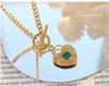 European Retro Style Heart Pendant Necklace with Green Acrylic Inlay, Gold-Plated Titanium Steel Cuban Chain
