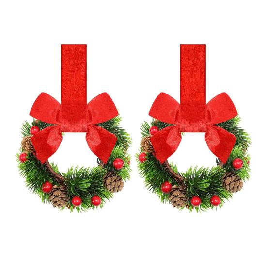 Mini vánoční věnec s červenou sametovou mašlí Dekorace na dvířka skříňky pro kuchyňské okno Selský dům Vchodové dveře Zeď Krb Bobulová girlanda