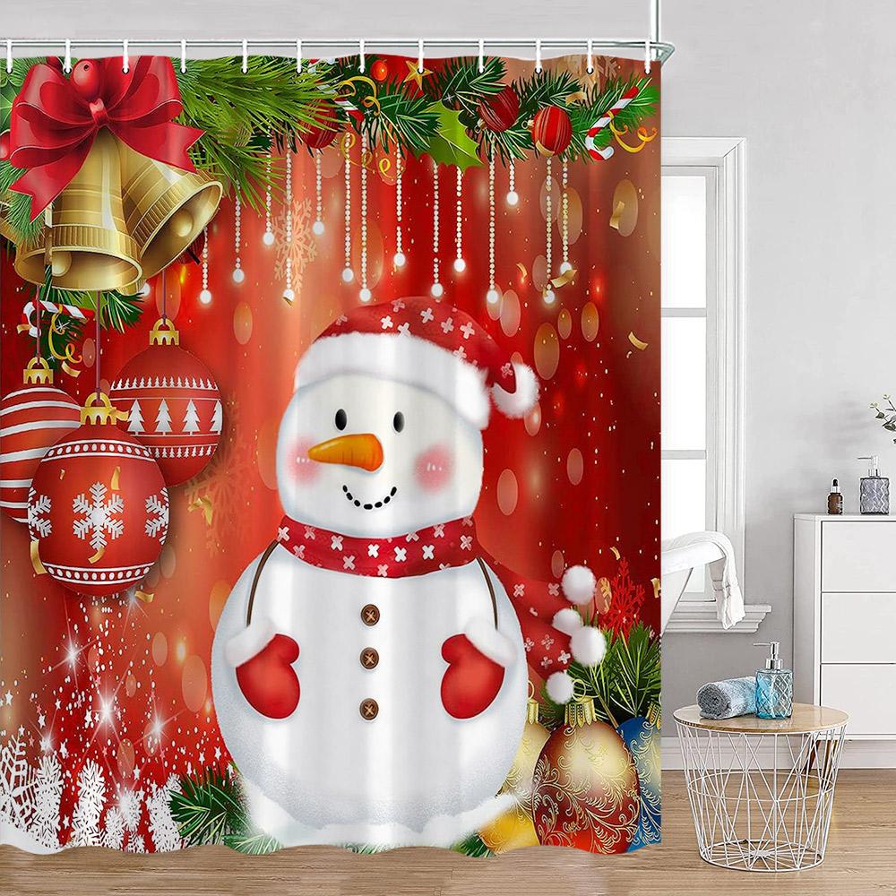 Christmas Snowman Happy New Year Shower Curtain Merry Christmas Winter Snowy Snowflake Pine Bathtub Decor Polyester Bath Curtain