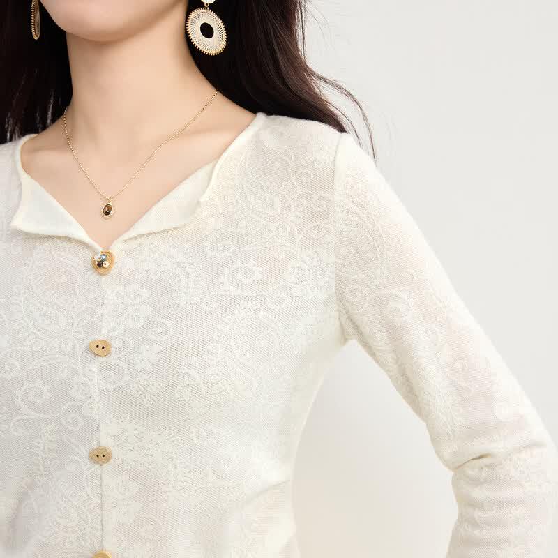 Sllsky Women's Elegant Embossed Lace Long Sleeve Top