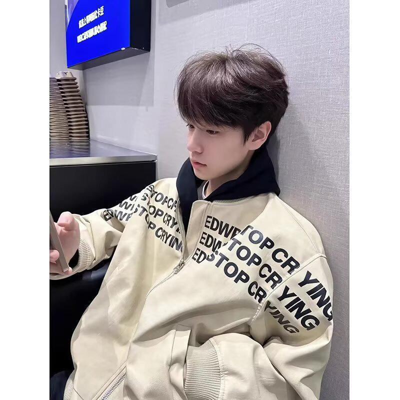 

2025 Guochao Letter Print Baseball & Motorcycle Leather Jacket for Couples - Unisex Autumn/Winter Outerwear M абрикосовий