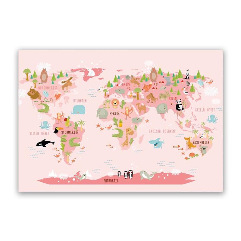 Poster de artă de perete pentru creșă, hartă a lumii animale, pictură pe pânză de desene animate pentru dormitor pentru copii, imagini scandinave, decor pentru cameră de copii