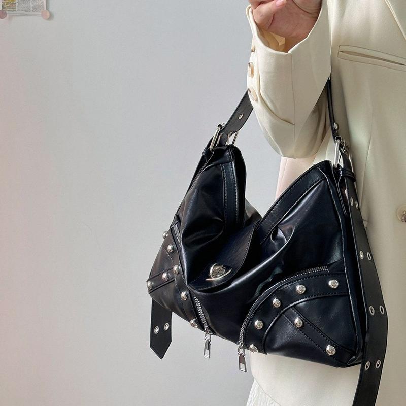 Yogodlns Women Motorcycle Rivets Crossbody Bag with Adjustable Strap PU Leather Pleated Textured Underarm Shoulder Purse Handbag