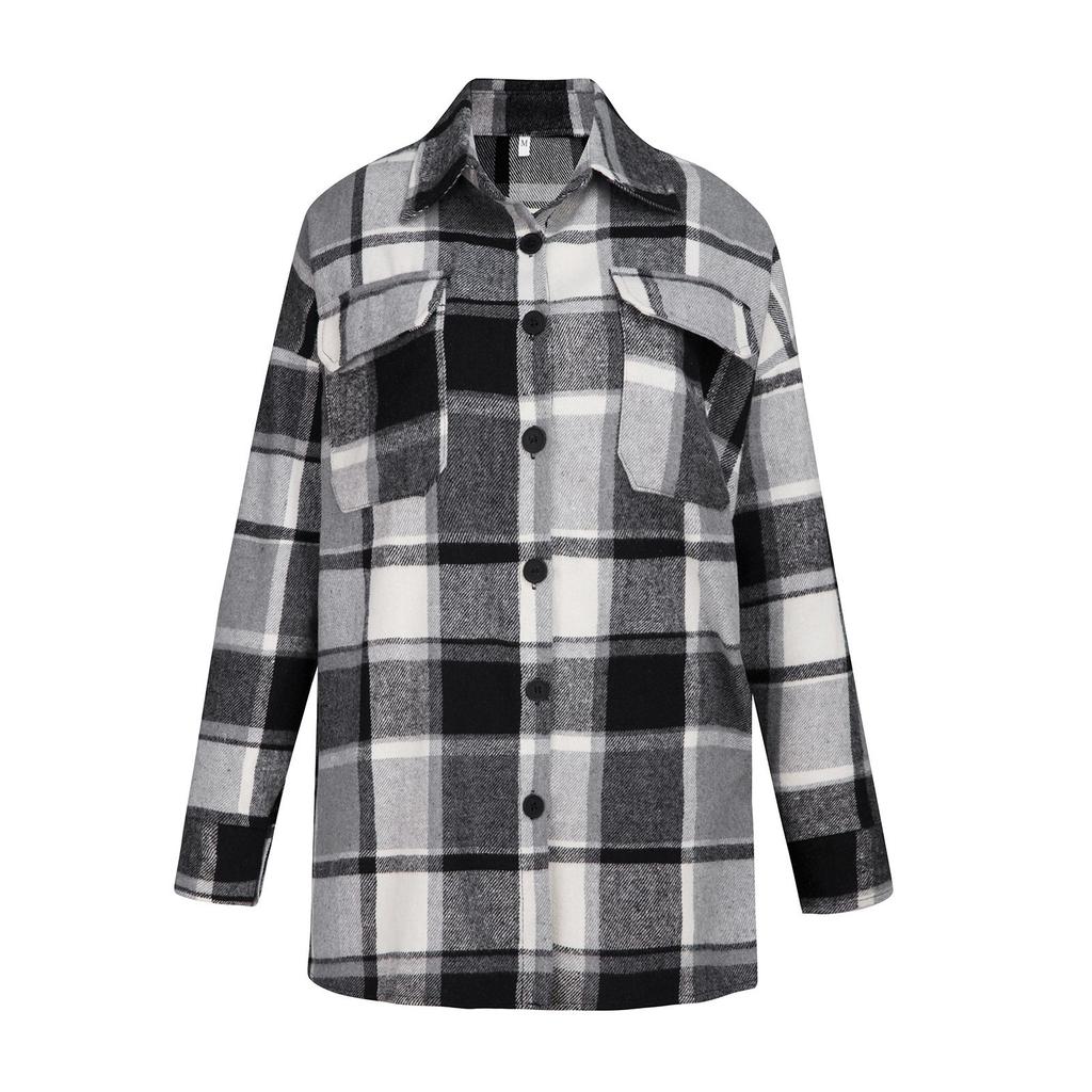 Women's Long Sleeve Single Breasted Plaid Print Shirt Collar Woolen Jacket Outwear