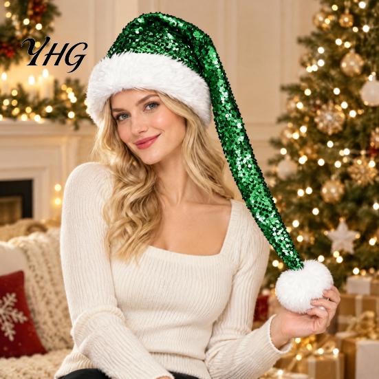 Sparkly Christmas Performance Hats Long Santa Hat for Party, Sequin Plush Xmas Comfortable Trim with Fur Ball Adults, Festive Holiday Costume