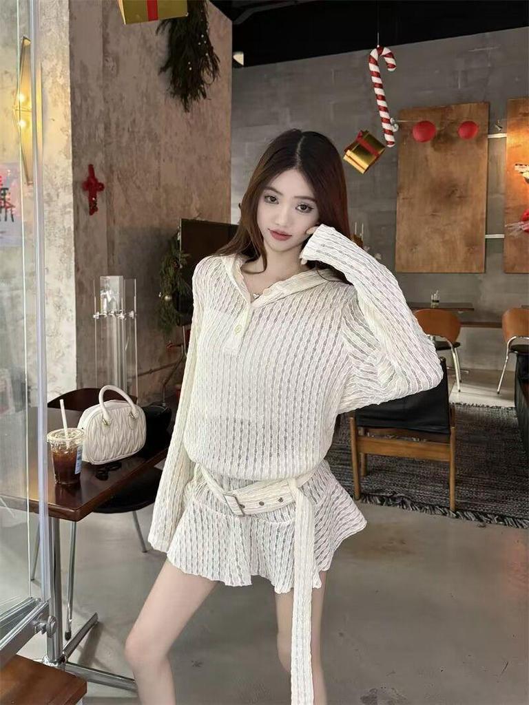 Korean Lace Ruffle Hooded Sweatshirt Dress - Sheer Long Sleeve, Spring 2026