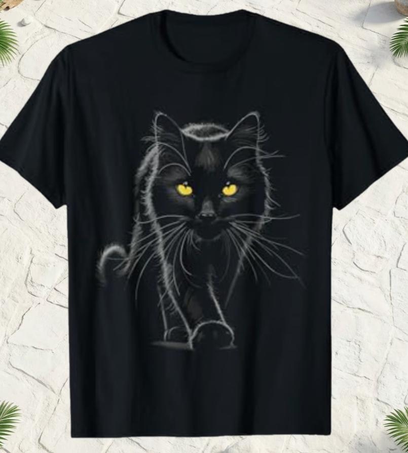 Unisex Shortsleeve Tshirt Featuring A Black Cat With Yellow Eyes Perfect For Casual Autumn Fashion For Both Unisex And Unisex