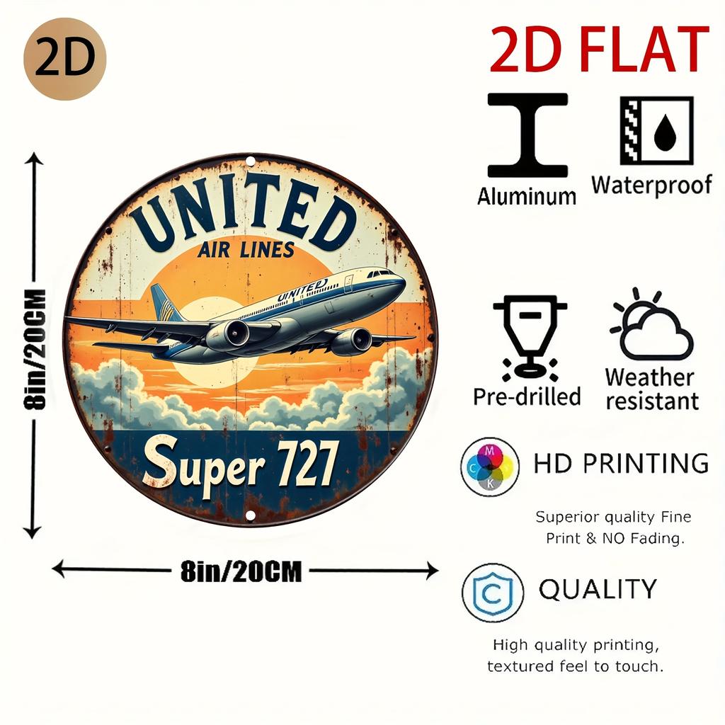 D Flat Aluminum Metal Sign Measuring X Inches Featuring a Vintage Aviation Theme with a Circular Foil Sign Showcasing