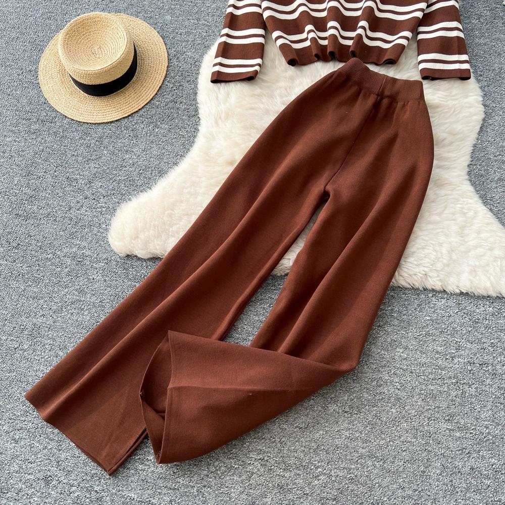 Autumn Winter Women Casual Striped Knitted Sweater Trouser Two Piece Set Full Sleeve Pullover Tops and Wide Leg Pant Tracksuit