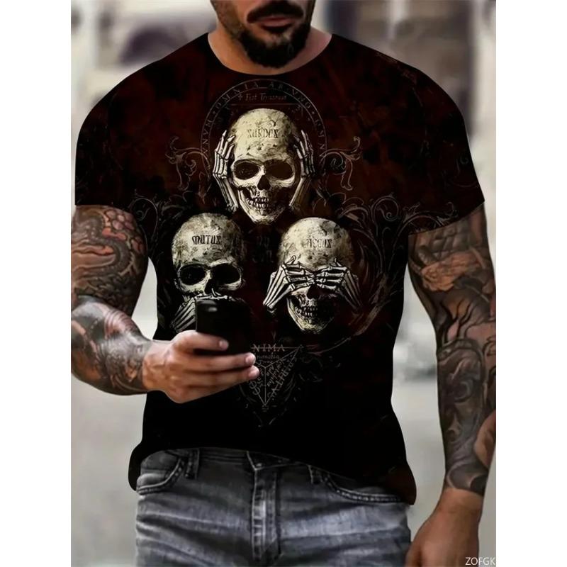 Summer Comfortable Round Neck Short Sleeved Men's 3D Horror Skull Print T-shirt Casual T-shirt Fashion Clothing