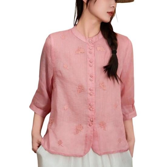 Women Shirt Round Neck 46085 Sleeve Buttons Placket Shirt Tops Pure Color Floral Embroidery