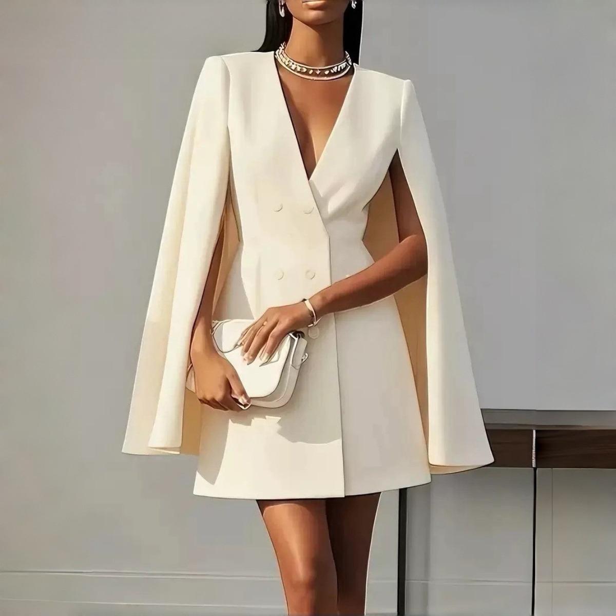 LYRIA Women Fashion Commuter Solid Blazers Dress Office Double Breasted Waist Party Dress Elegant V-neck Shawl Cape Sleeve Midi Dress cm nero